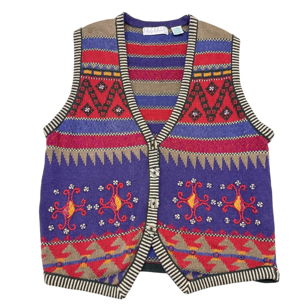Vintage Segrets Sun Prints Sweater Vest Women Medium Whimsical Embroidered Funky